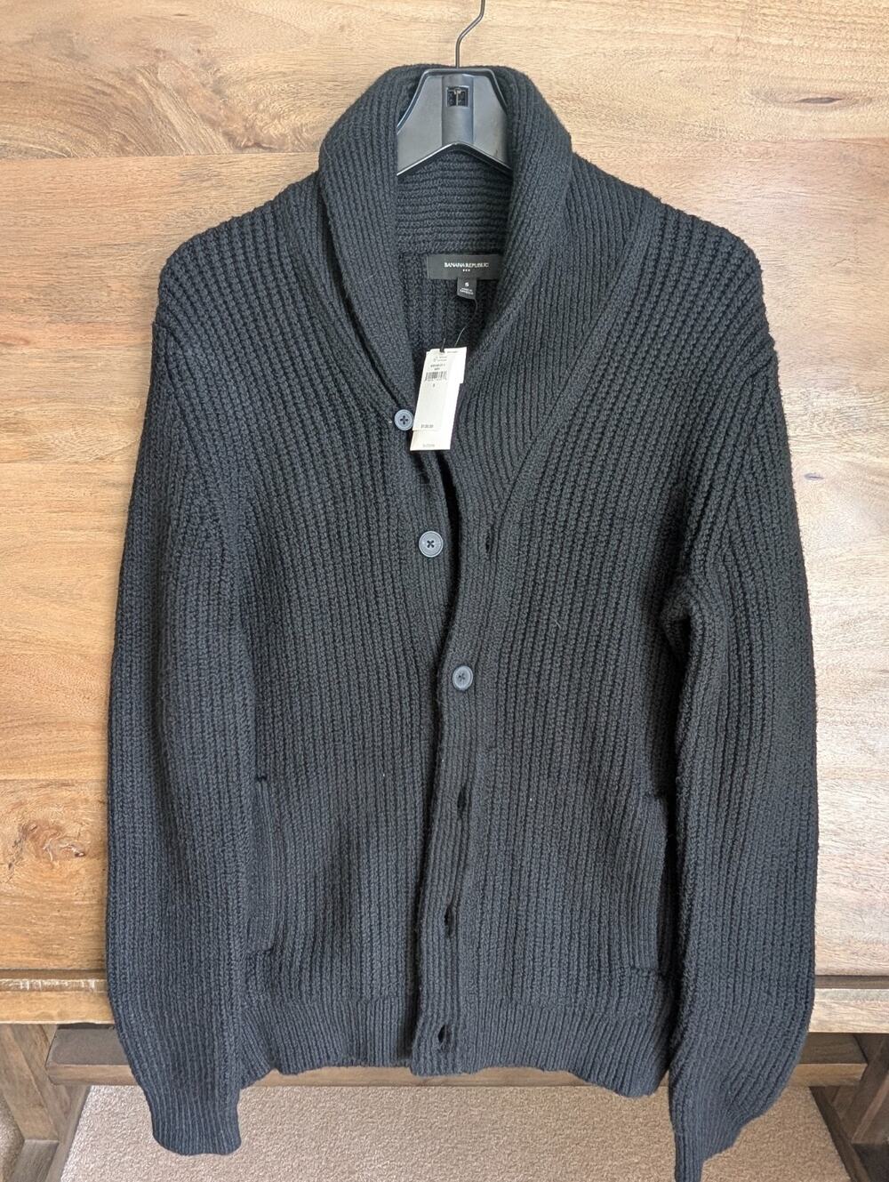 NWT Banana Republic Cardigan Sweater Mens Small Black Shawl Collar Button Front